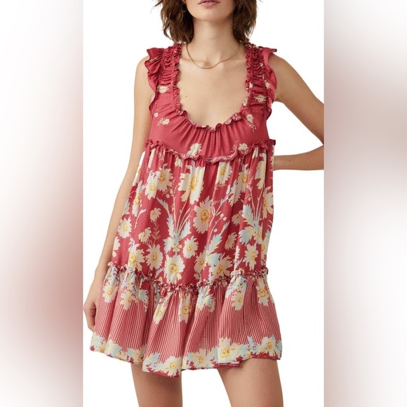 Free People Red Floral Ruffle Tier Mini Dress - Picture 4 of 9